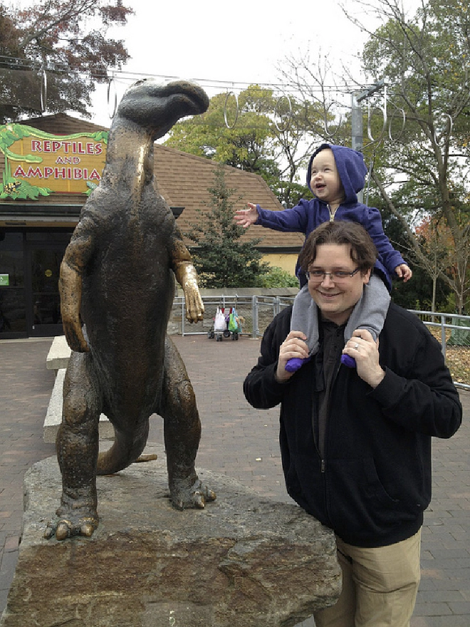 Soraya greets the dinosaur