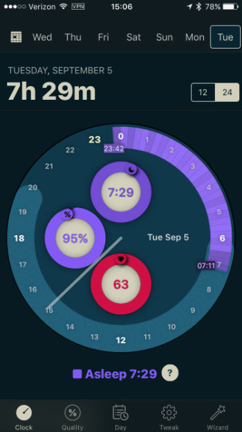 A screenshot of my sleep result stats, showing 7.5 hours of sleep on a dial.