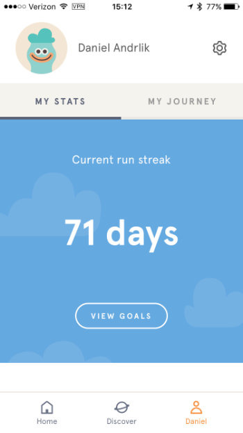 Screenshot of Headspace interface showing a current streak of 71 consequetive days with meditation.