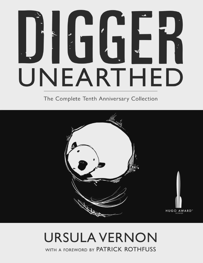 Cover of Digger Unearthed shows a black and white illustration of titular wombat character peering down a hole.