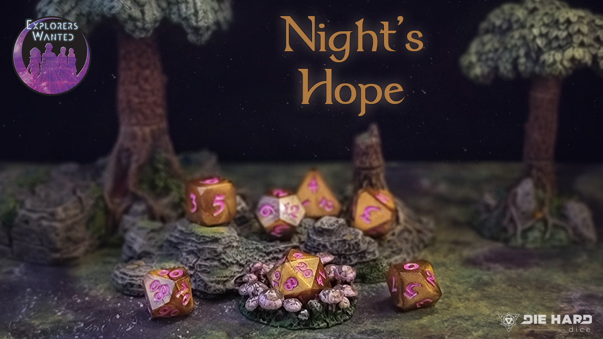 Image of gold dice with purple ink amongst a fantasy forest. The d20 is sitting in the fire pit.