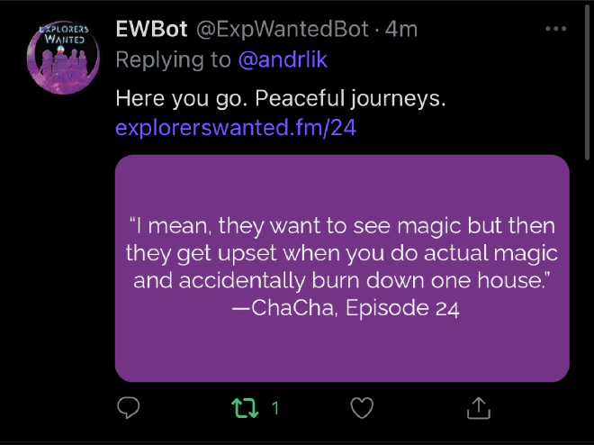 Sample twitter bot output showing this quote from ChaCha, Episode 24: &ldquo;I mean they want to see magic but then they get upset when you do actual magic and accidentally burn down one house.&rdquo;